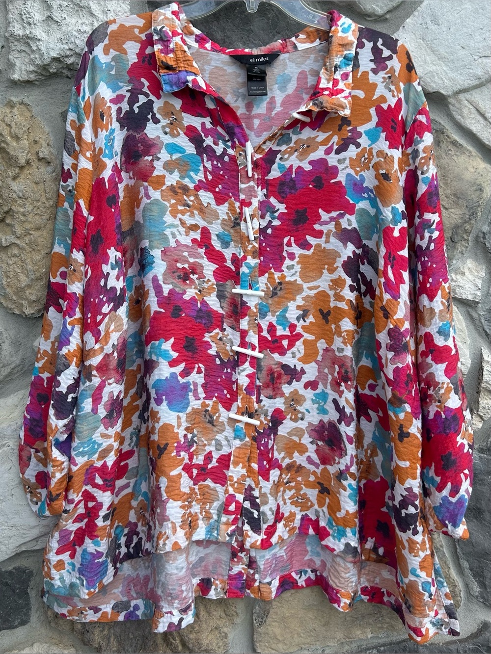 Ali Miles Tunic Top Blouse Size 3X Colorful Floral Lightweight Artsy Feminine